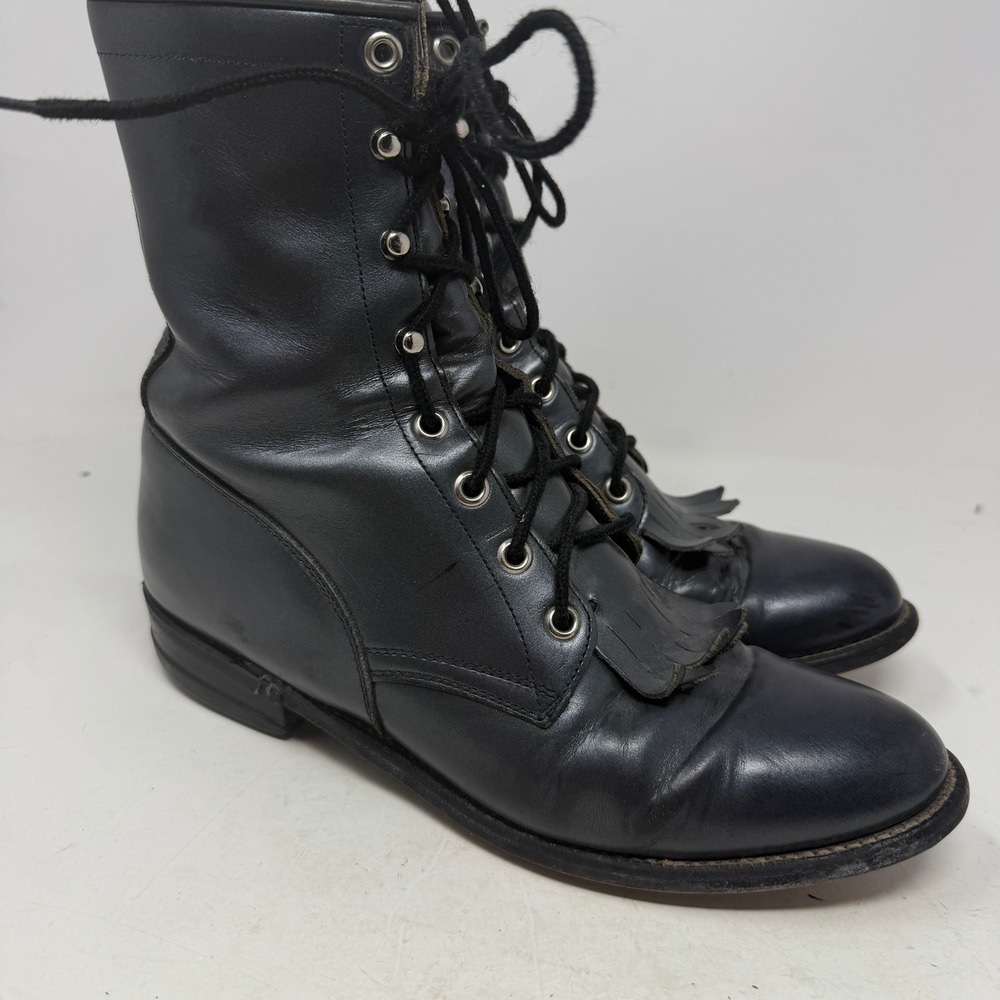 Justin Boots Womens 7.5 B L532 Roper Black Leather Kiltie Lace Up Made in USA